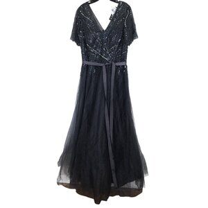 Xscape Dress Gown Womens Size 14 Grey Sequin Beaded Embellished Tulle‎